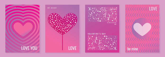 Valentine's Day heart posters set vector background illustration with pink and purple wavy stripes, heart lollipop and confetti. Romantic design for greeting cards, banners, social media and prints. © TWINS DESIGN STUDIO