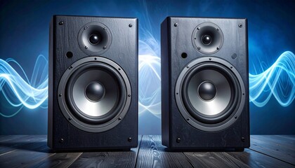 Outdoor Loudspeakers with Silver Cones on Wooden Surface Against Cloudy Sky and Waterfront Background