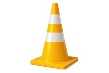Traffic cone standing, providing a warning for construction, roadwork, and hazardous areas, transparent background