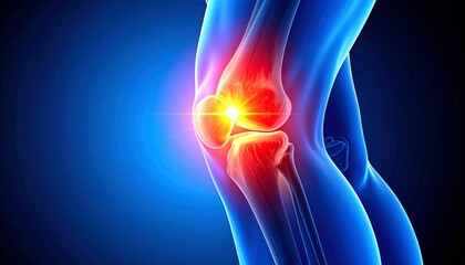 Human Knee Joint Illustration with Glowing Red Highlight Showing Pain, Inflammation, and Anatomical Detail