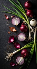 Fresh Red Onions and Scallions on Dark Background - Culinary Still Life.