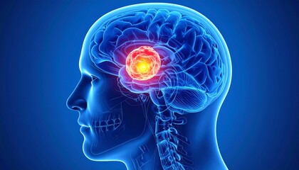 Brain Tumor Illustration Highlighting Abnormal Growth with Glowing Orange Region in Human Head Profile