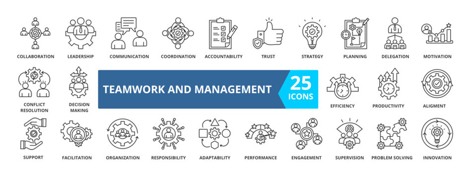 TEAM WORK AND MANAGEMENT icon collection set. Containing collaboration, leadership, communication, coordination, accountability, trust, strategy icon. simple line vector.