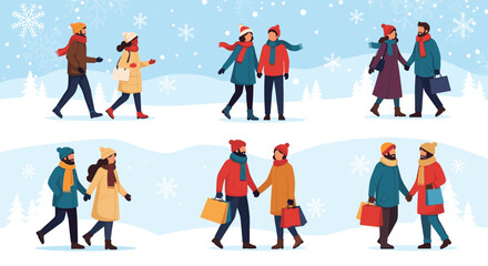 Fototapeta premium Cheerful grid of couples wearing warm winter clothes and scarves walking through a snowy landscape with falling snowflakes.