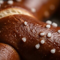 Macro close-up of a golden-brown baked pretzel, showcasing its glossy crust and large white salt crystals.
