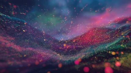 Abstract digital artwork featuring a colorful, flowing landscape with shimmering particles