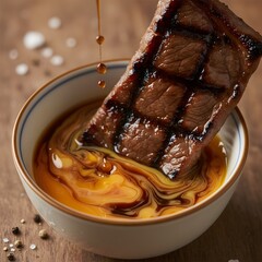 Grilled Steak Dipped into Swirling Savory Sauce with Dripping Drops in a Bowl
