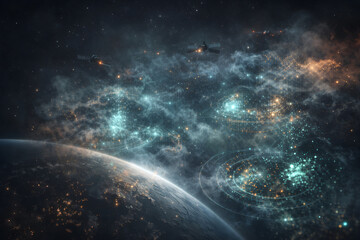 Cosmic Satellite Data Network Visualization of Global Space Communication and Cybersecurity Systems