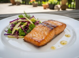 Grilled salmon fillet with fresh red cabbage and green apple salad on a white plate, served outdoors.