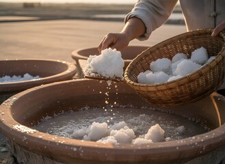 Hands harvesting natural sea salt with a wooden scoop and woven basket from traditional clay pots under warm sunlight.