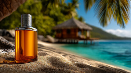 A glass bottle of cosmetic oil sits on sandy beach near a tropical resort. Lush greenery and clear blue water create a serene atmosphere.