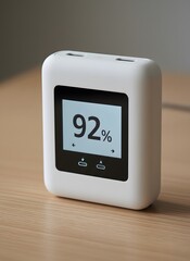 White Portable Power Device Displaying 92 Percent Charge with USB-C Ports on Wooden Table