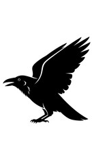 Obraz premium Black silhouette of a raven in flight against a white background, side view.