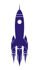 Obraz premium Dark blue retro rocket ship silhouette launching with exhaust flames, isolated on white background