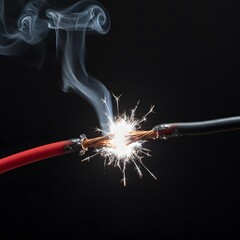 Bright electrical short circuit with sparks and smoke as exposed copper wires (red and black) connect, illustrating power failure, danger, and electricity problems.