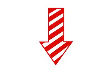 Red downward pointing arrow with diagonal stripes, indicating direction, download, or importance, transparent background