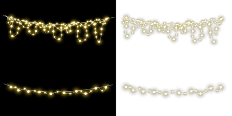 glowing golden string light garlands with festive bulb chains isolated on black and transparent backgrounds