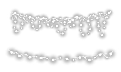 Glowing white string light garlands with hanging bulbs isolated on black and transparent backgrounds