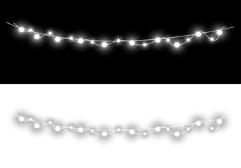 Glowing white string light garlands with hanging bulbs isolated on black and transparent backgrounds