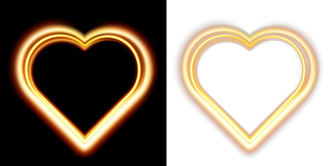 Glowing neon heart shapes with fiery and light effects for valentine design isolated on black background