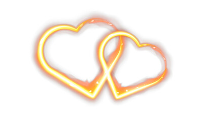 Glowing neon double heart shape with fiery light effect for valentine design isolated on black and transparent backgrounds