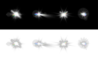 Bright lens flare starburst light effects with rainbow refraction isolated on black and transparent backgrounds