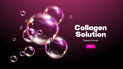 3D transparent liquid bubbles background. Cosmetic oil, collagen, essence. Skincare product concept. Skin care cosmetics solution. Realistic vector illustration