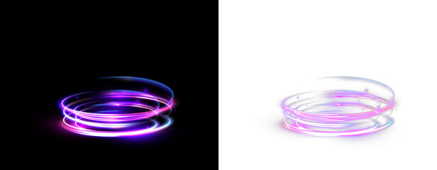 Glowing purple neon energy rings with magical light trails isolated on black and transparent backgrounds