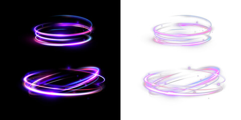 Glowing multicolor neon energy swirl rings with dynamic light trails isolated on black and transparent backgrounds