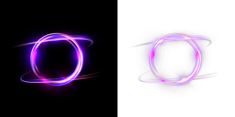Glowing purple neon energy rings with magical light trails isolated on black and transparent backgrounds