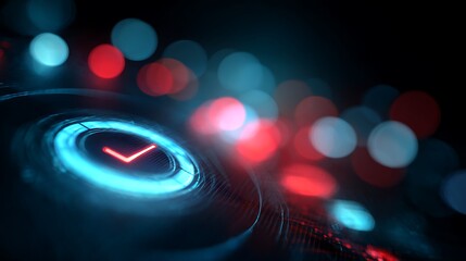 Glowing digital checkmark in a blue circle with bokeh background, futuristic concept