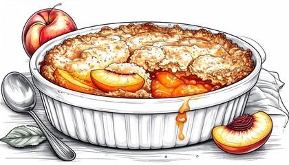 Hand-Drawn Peach Cobbler Illustration with Fruit Accents.