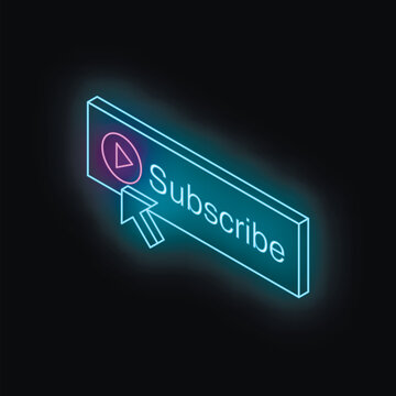 Neon blue subscribe button with pink play symbol and mouse cursor pointing, suggesting subscribing to online video channel