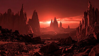 Otherworldly fantasy scary dark red planet with sharp, very tall rocks and red sky.