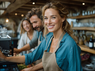 Smiling woman wearing apron working in cozy cafe with colleagues preparing coffee and drinks in warm atmosphere