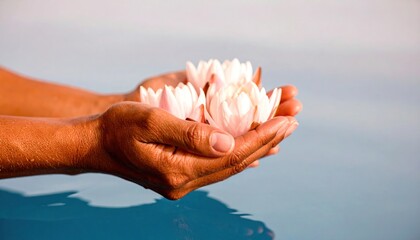 Hands holding delicate white flowers over calm water surface.