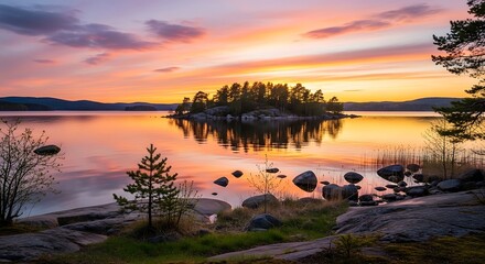 Sunset Serenity - Island Reflection on Calm Lake Waters.