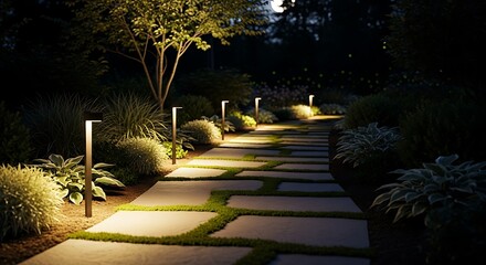 Illuminated Pathway - A Serene Night Garden Scene.