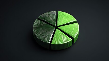 3D rendered pie chart graphic, vibrant green, divided into six segments, dark background
