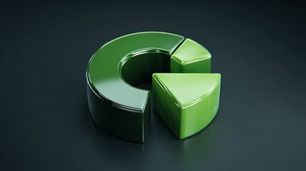 A shiny, 3D rendered green pie chart segment on a dark, reflective surface