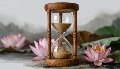 Hourglass surrounded by lotus flowers in a serene setting.