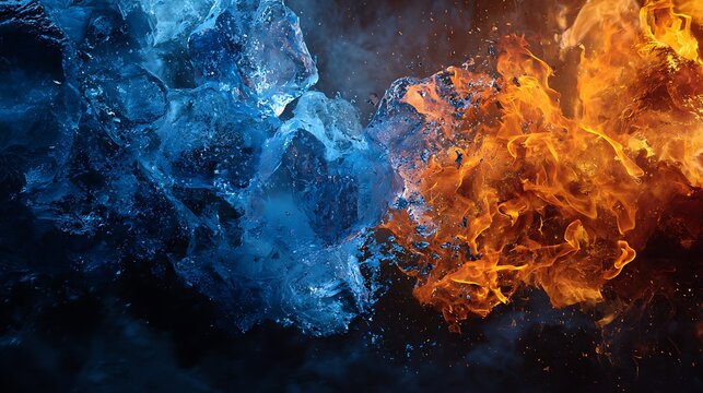 Dramatic artistic depiction of colliding elements ice and fire meeting, contrasting colors and textures