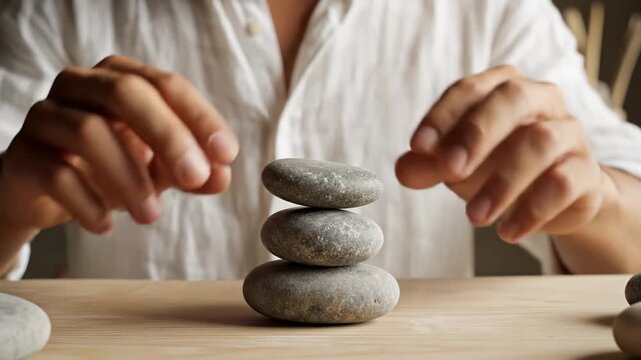 Hands stacking smooth stones