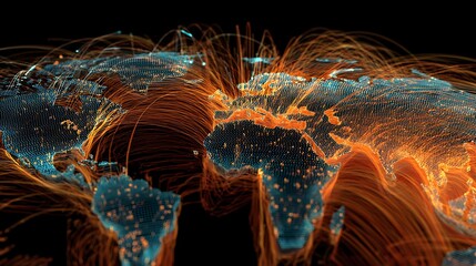 Digital rendering of Earth with bright lines depicting global connections on a dark background