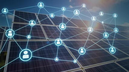 Network of people icons connected over solar panels at sunset - Powered by Adobe