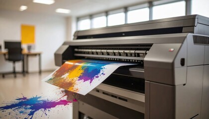 Large format printer producing colorful print in office setting.