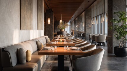 Elegant modern restaurant interior with wooden tables upholstered seating and warm ambient lighting