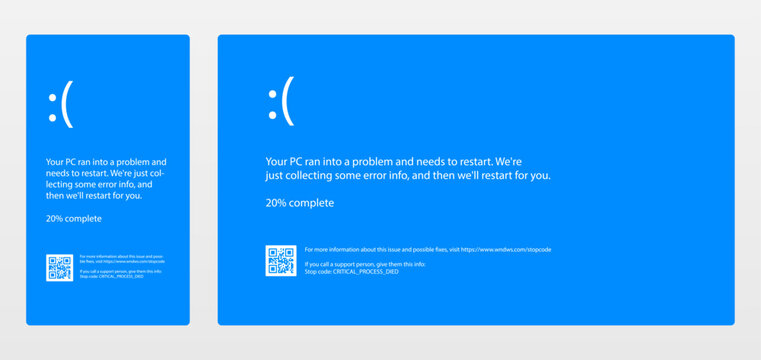 Responsive BSOD screen. Retro computer error or blue screen of death crash. Old operating system critical failure. Hacked vintage PC system. Virus 90s computing system crash