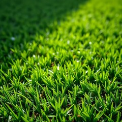 Fototapeta premium Close-up of lush green football field turf, showing the texture and vibrant color, pitch, lawn