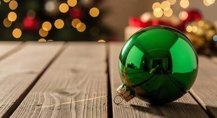 Festive Green Christmas Ornament on Wooden Surface with Bokeh Lights.